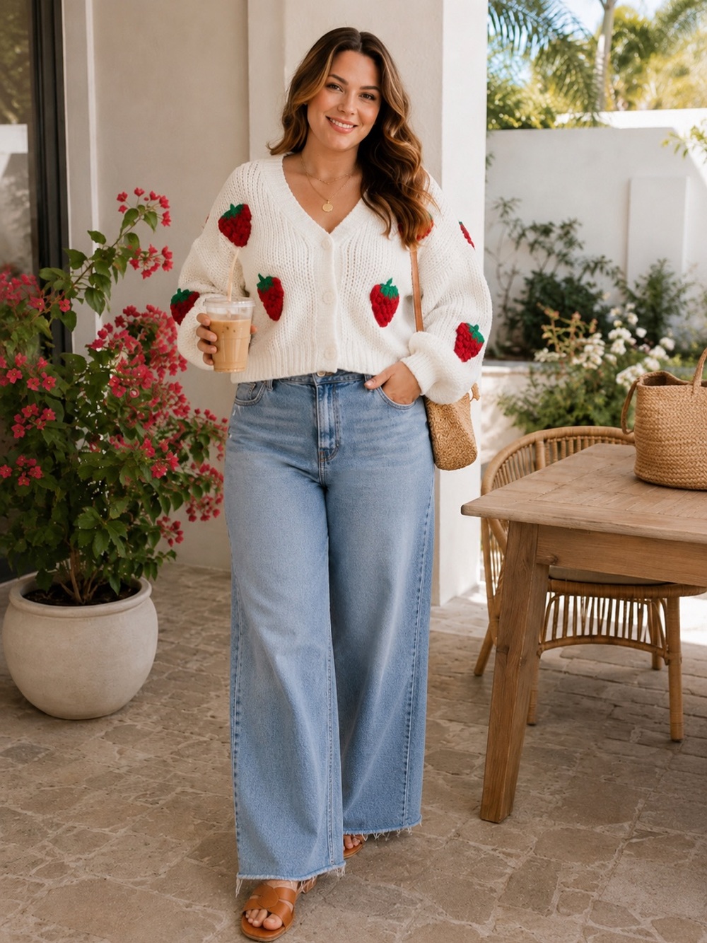 Strawberry Appliqué Chunky Knit Cardigan Oversized Cottagecore Coquette Sweater